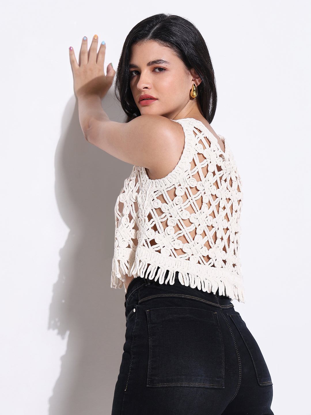 Women Solid White Round Neck Crochet Crop Top