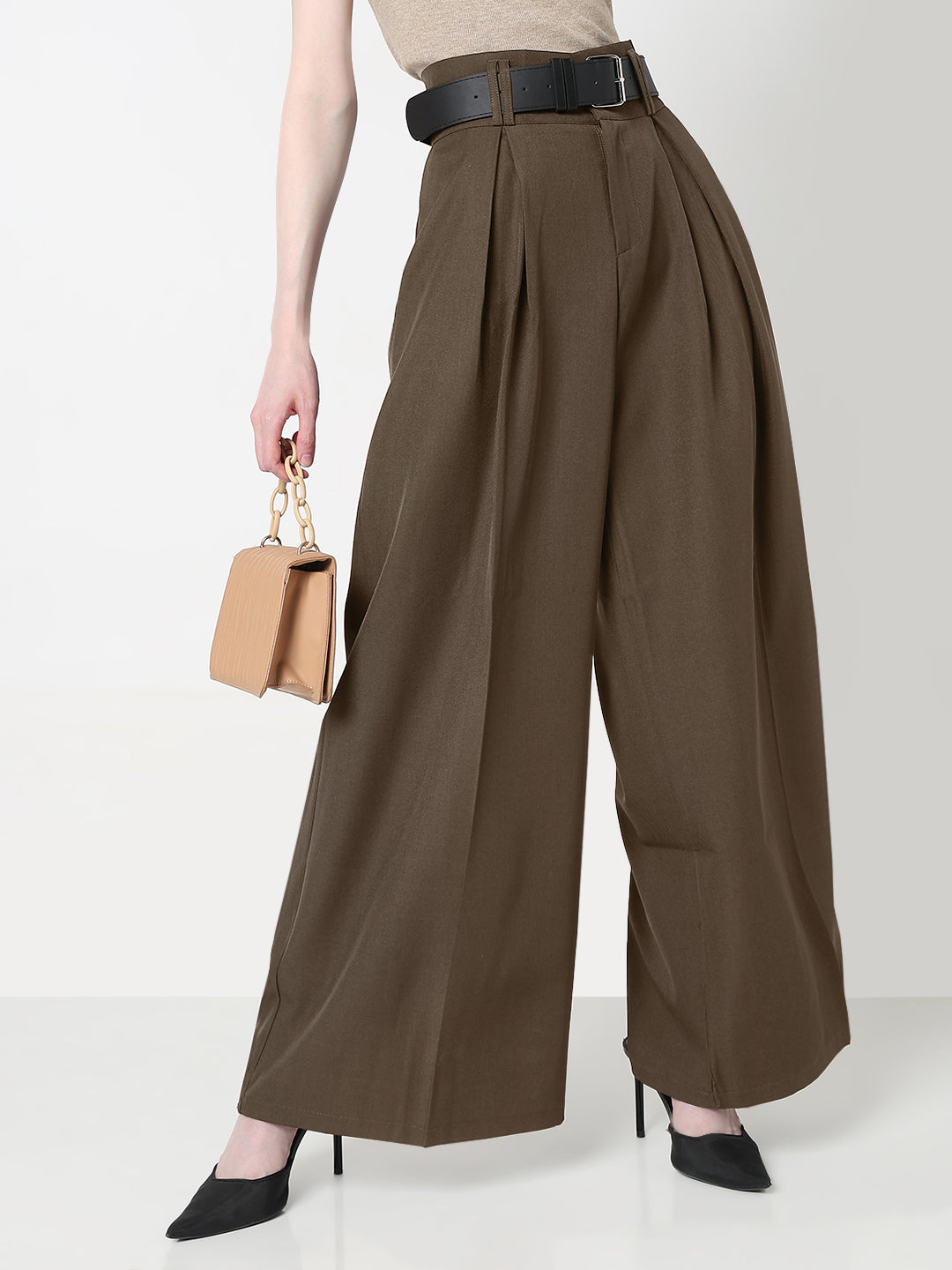 Women's Pleated Brown High-Waist Wide-Leg Trouser