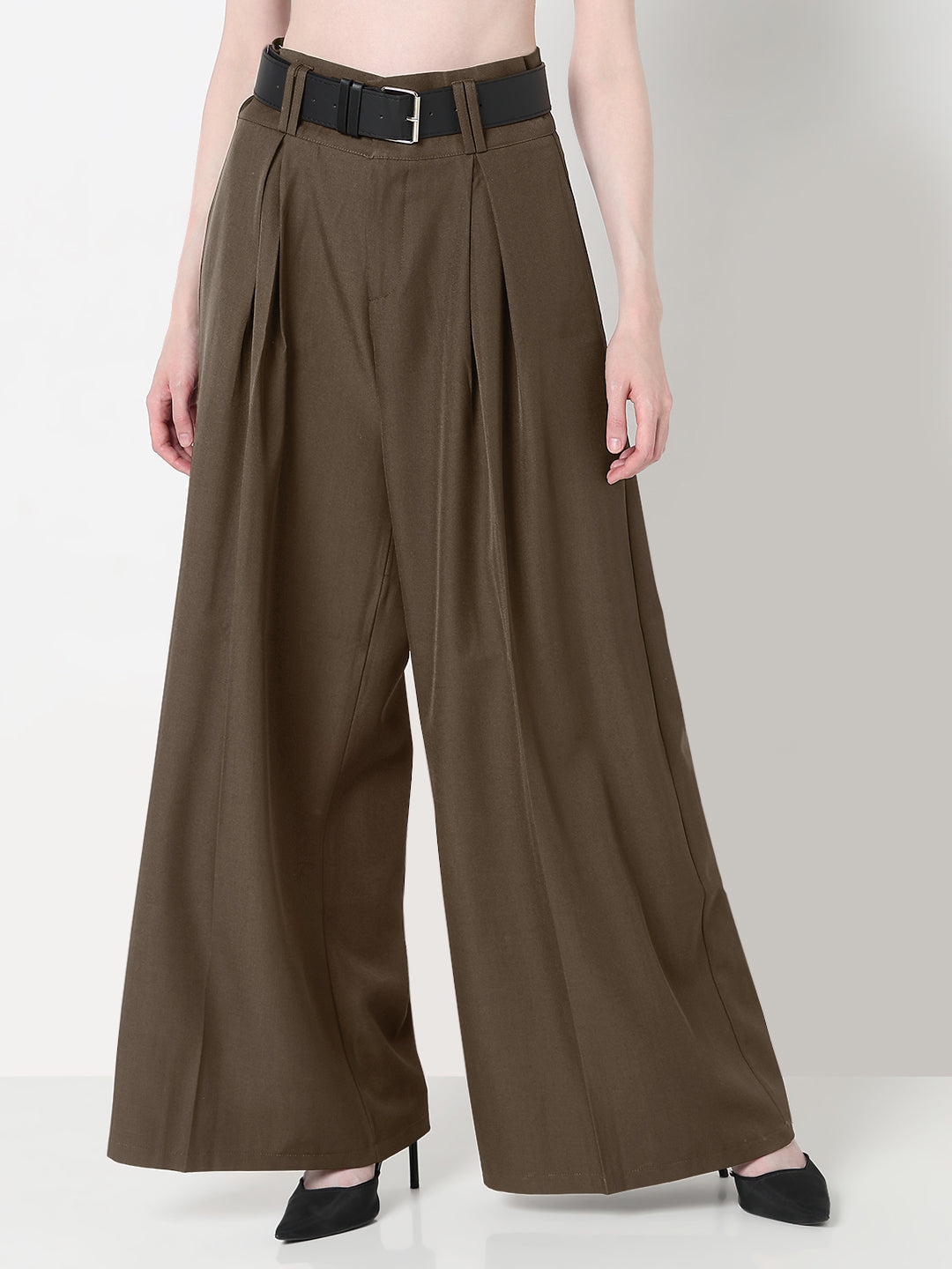 Women's Pleated Brown High-Waist Wide-Leg Trouser