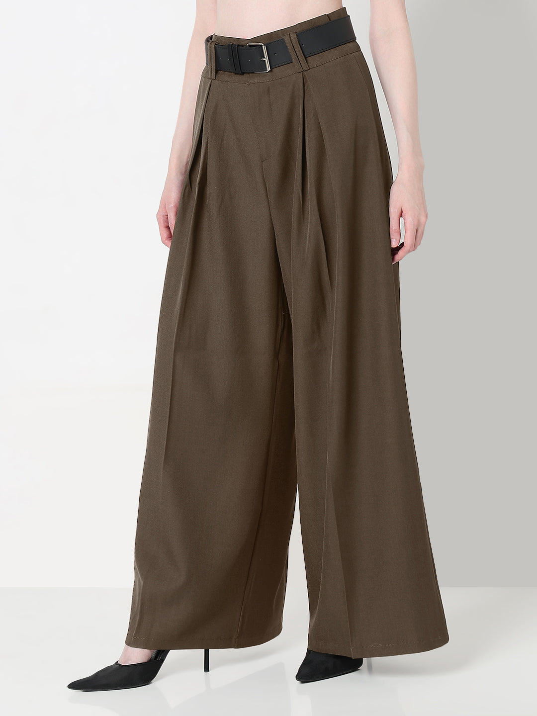 Women's Pleated Brown High-Waist Wide-Leg Trouser