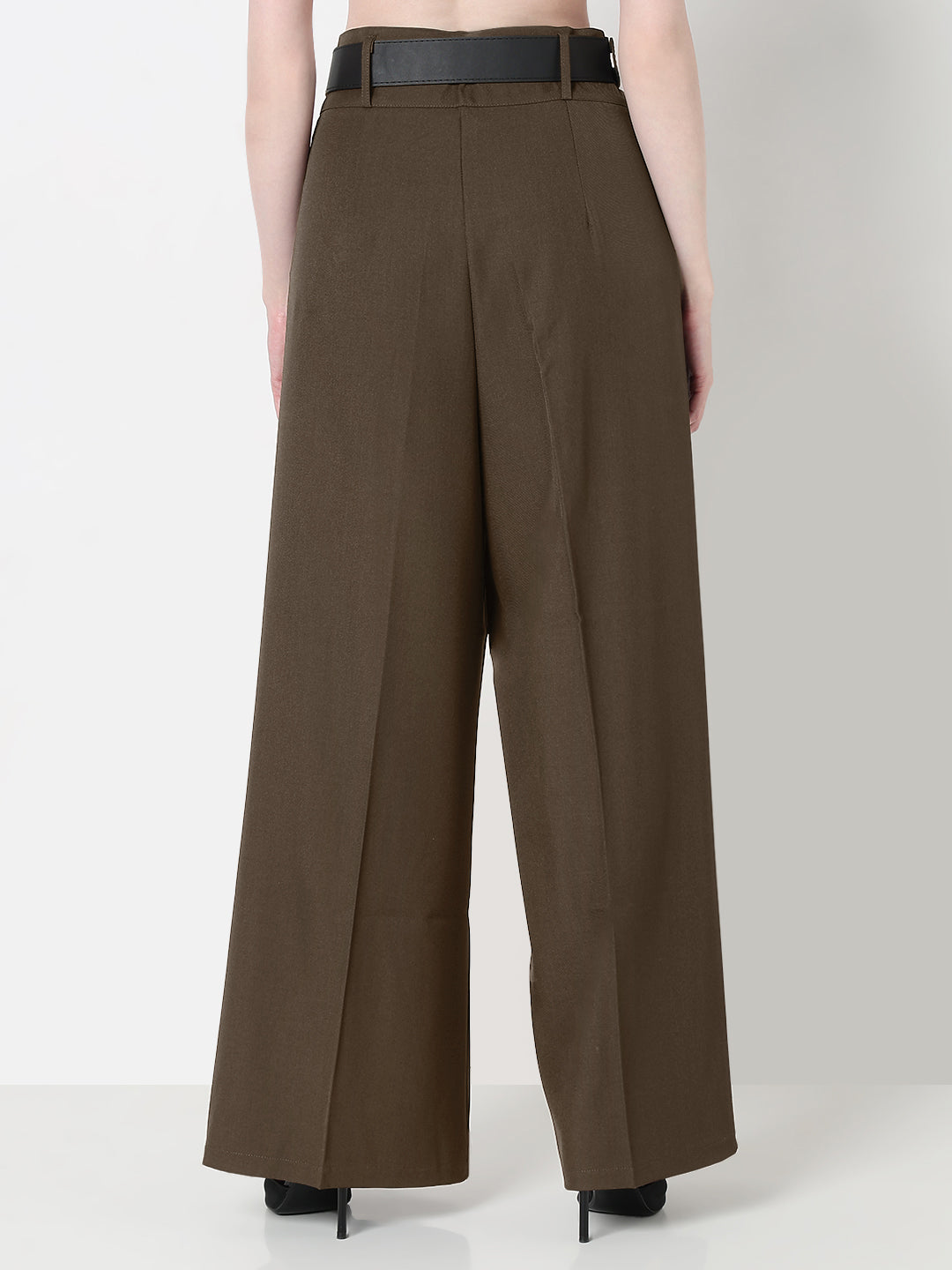 Women's Pleated Brown High-Waist Wide-Leg Trouser