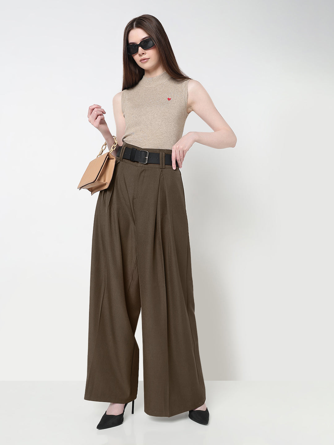 Women's Pleated Brown High-Waist Wide-Leg Trouser