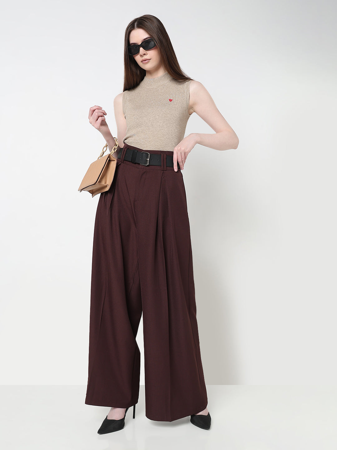 Women's Coffee Brown Wide Leg Korean Trousers with Belt