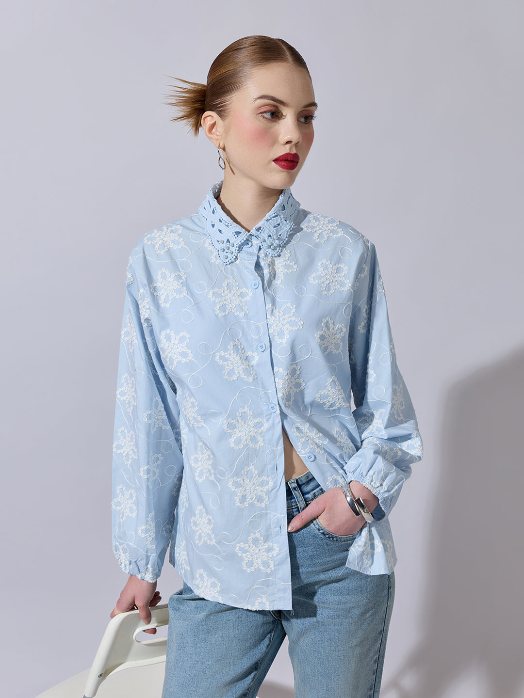 Women's Floral Embroidered Blue Shirt with Lace Collar