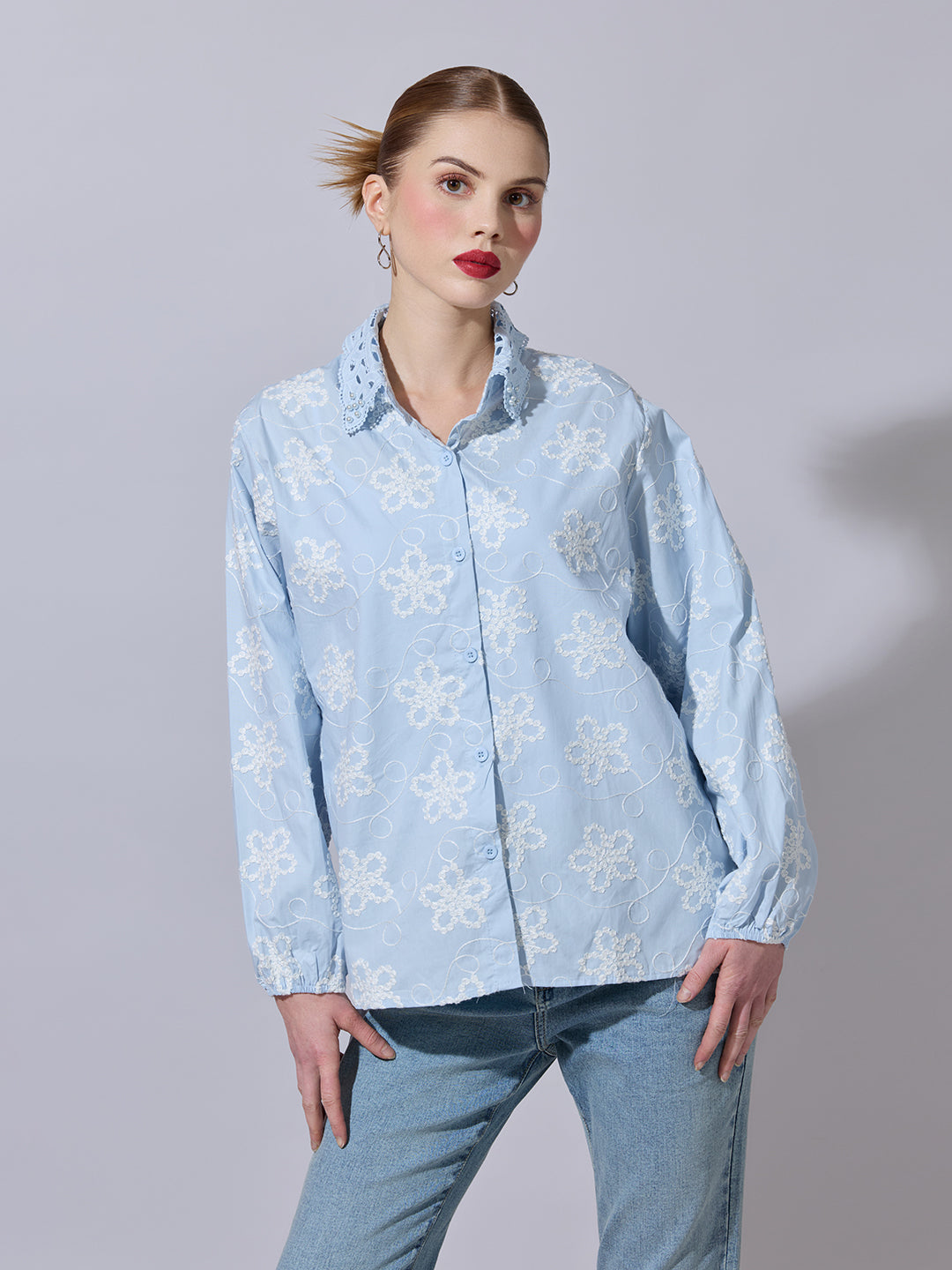Women's Floral Embroidered Blue Shirt with Lace Collar