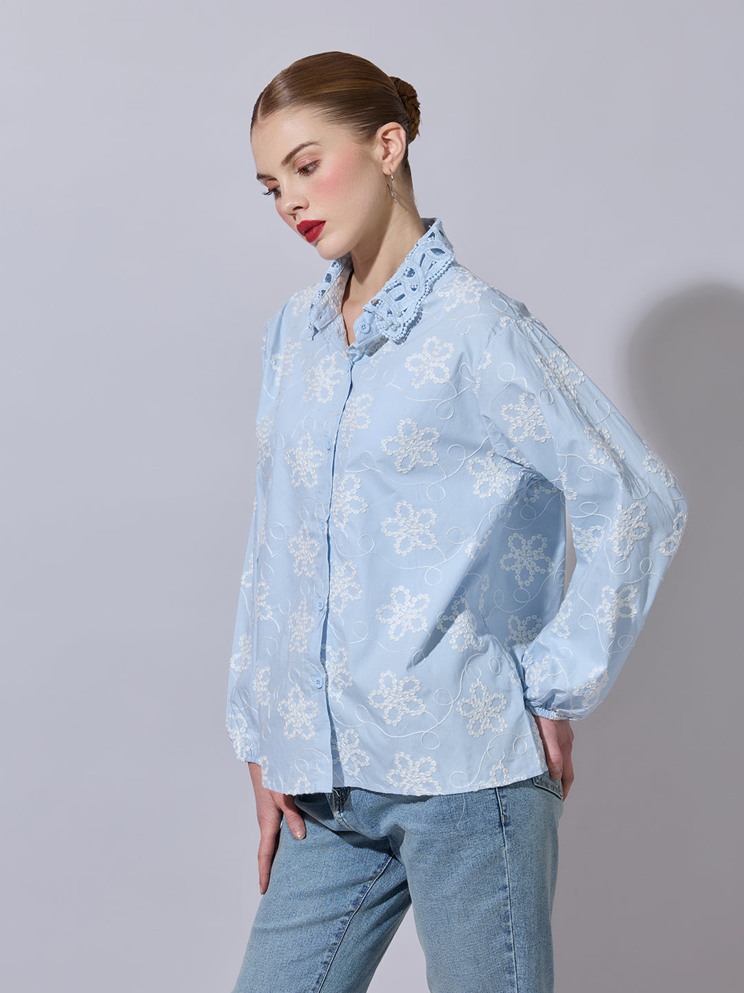 Women's Floral Embroidered Blue Shirt with Lace Collar