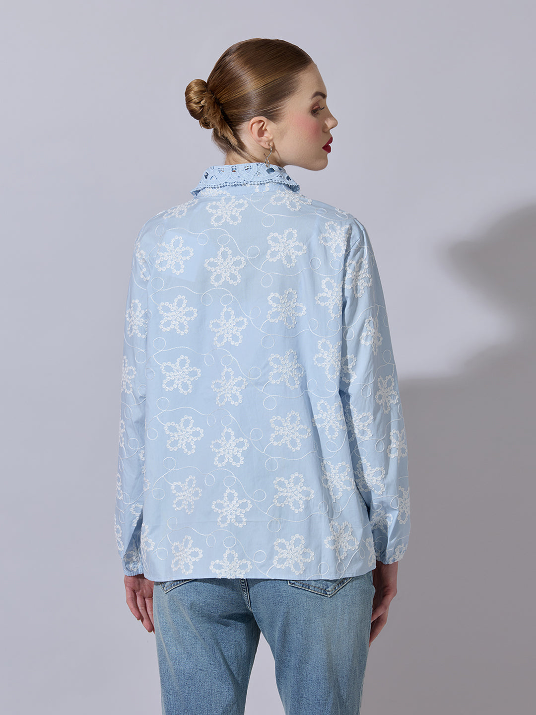 Women's Floral Embroidered Blue Shirt with Lace Collar