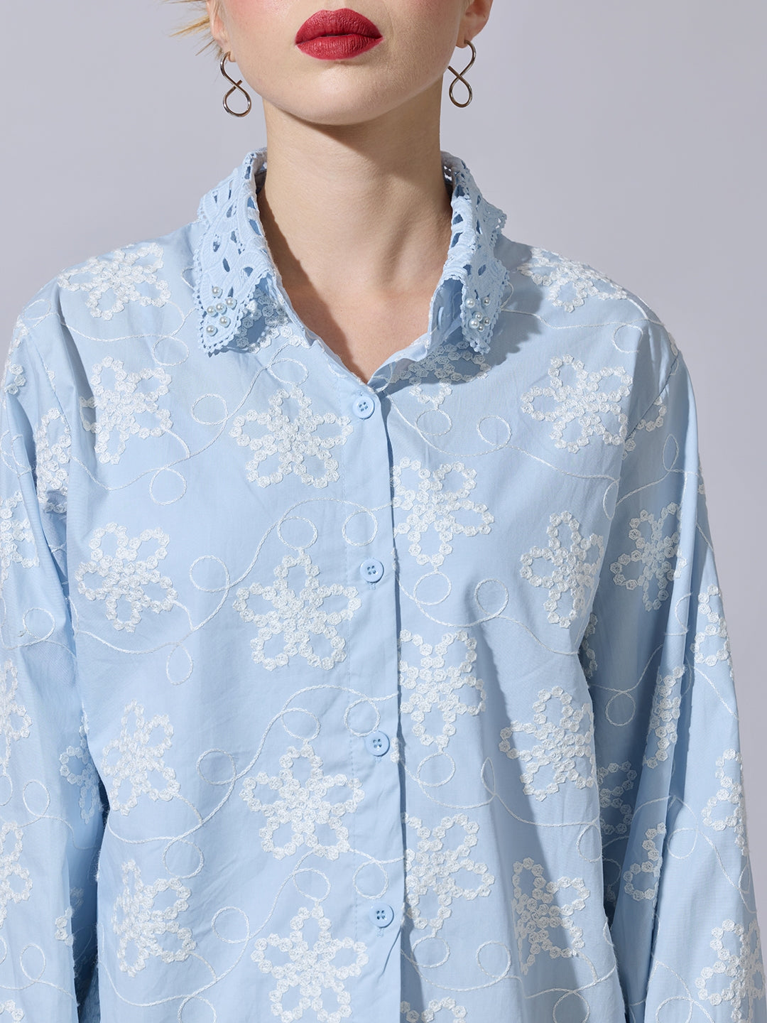Women's Floral Embroidered Blue Shirt with Lace Collar