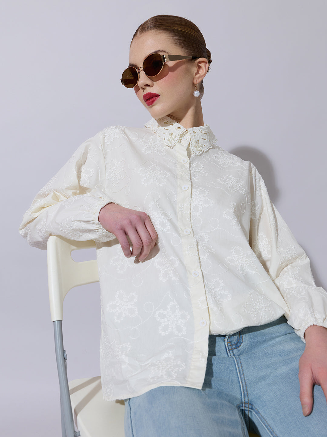 Women's Floral Embroidered Cream Shirt with Lace Collar