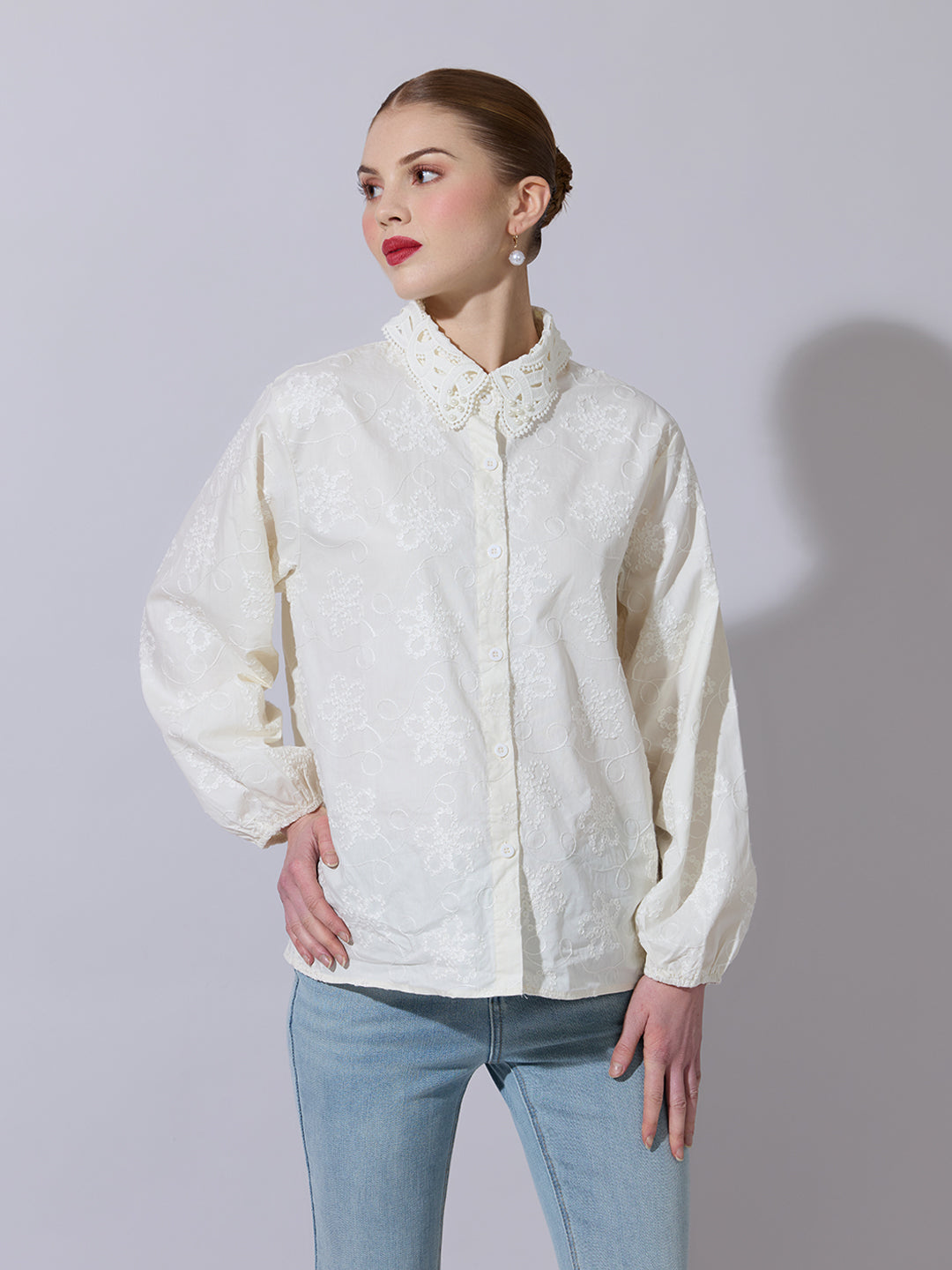 Women's Floral Embroidered Cream Shirt with Lace Collar