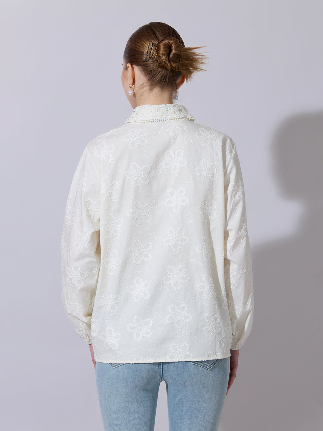Women's Floral Embroidered Cream Shirt with Lace Collar