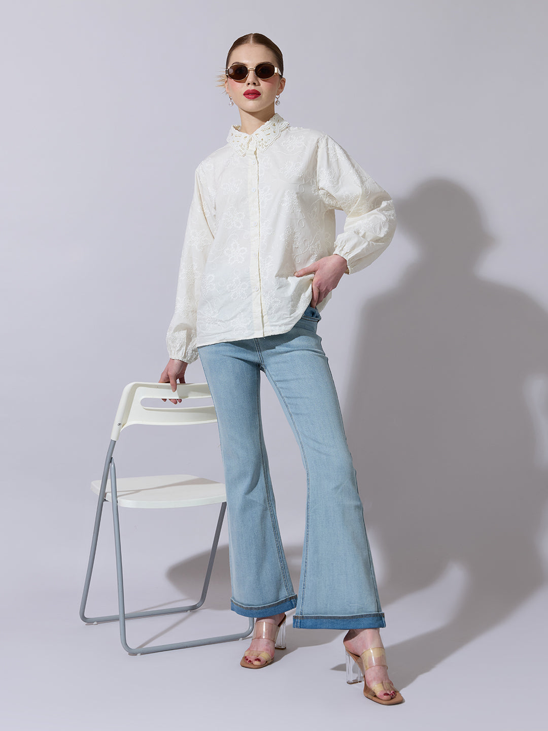 Women's Floral Embroidered Cream Shirt with Lace Collar