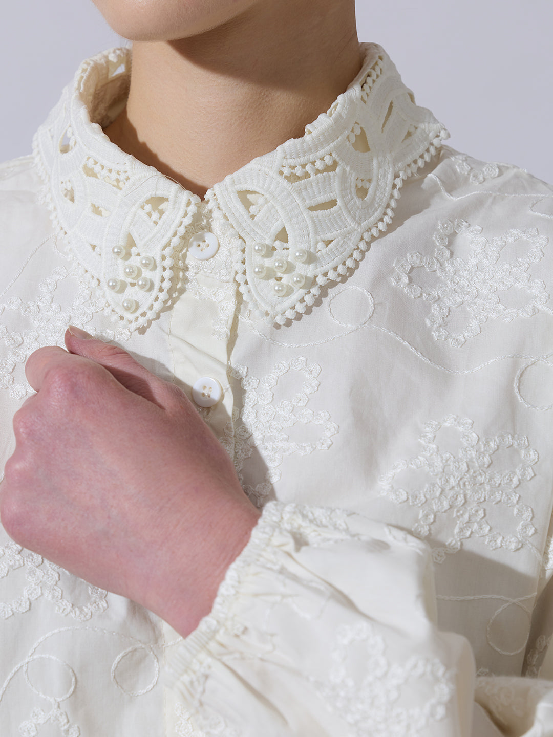 Women's Floral Embroidered Cream Shirt with Lace Collar