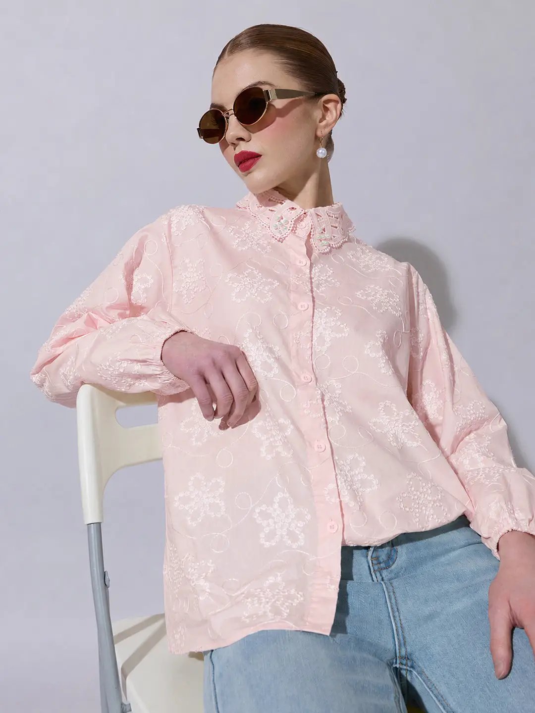 Women's Pink Floral Embroidered  Shirt