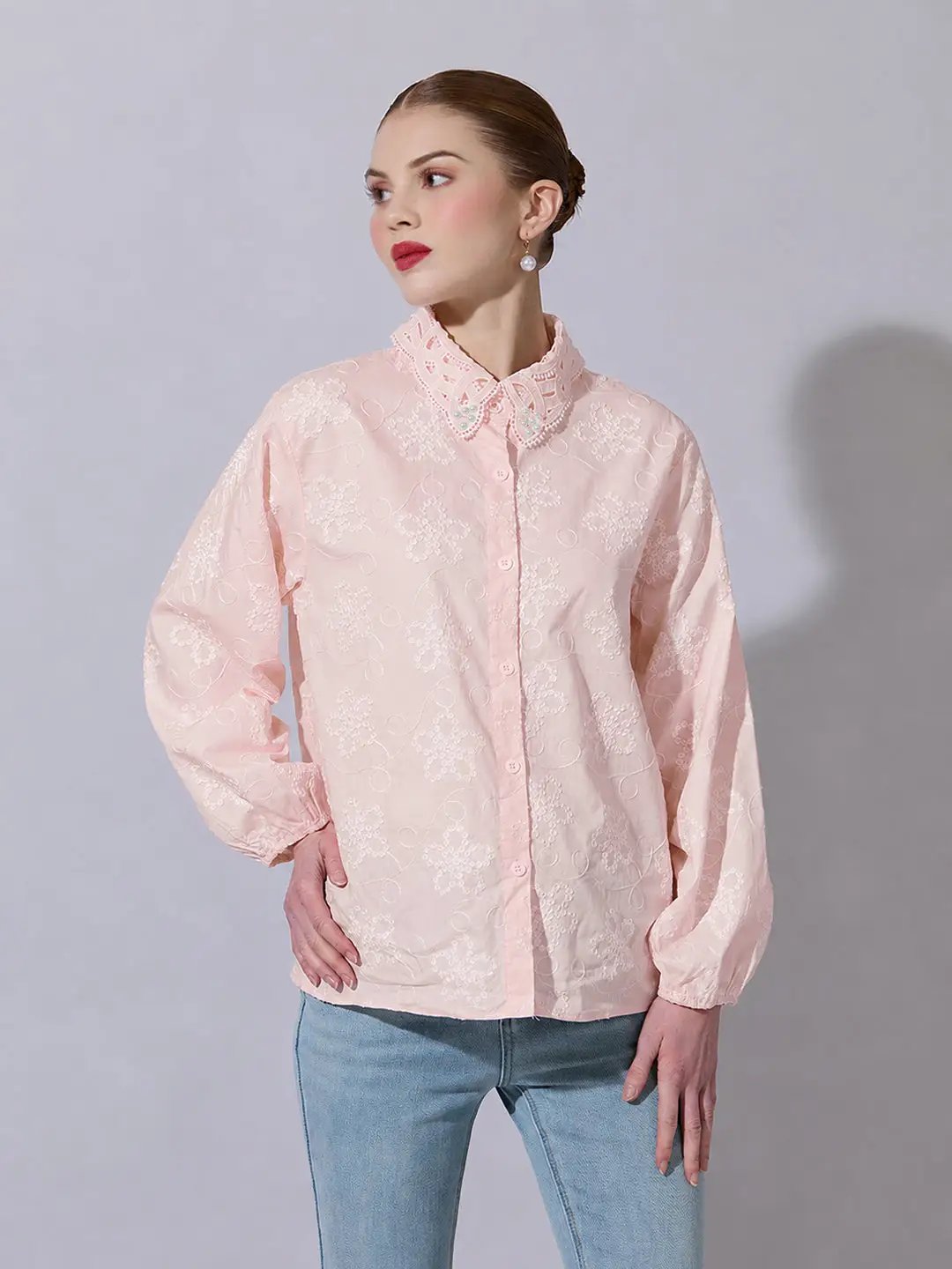 Women's Pink Floral Embroidered  Shirt