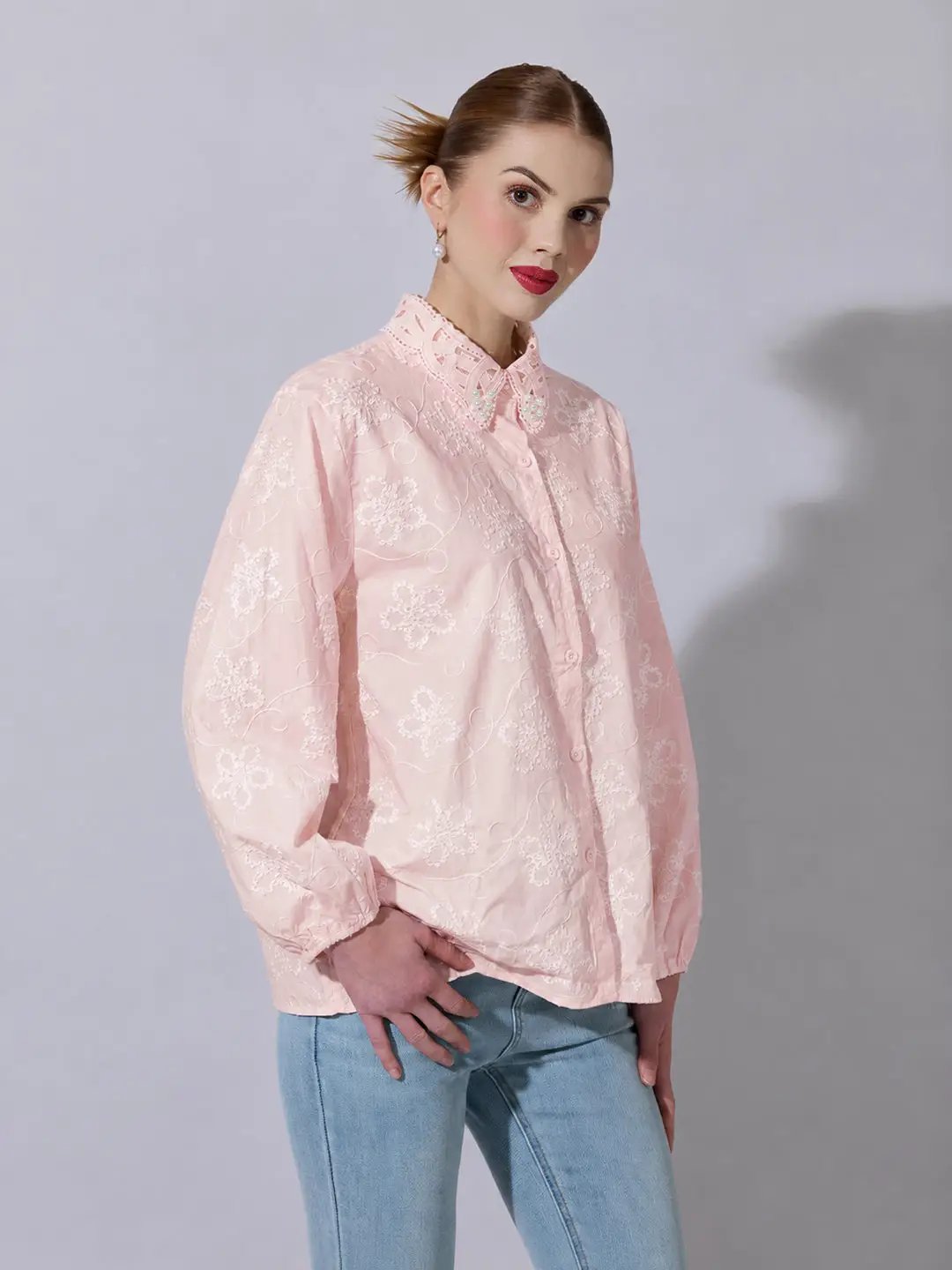 Women's Pink Floral Embroidered  Shirt
