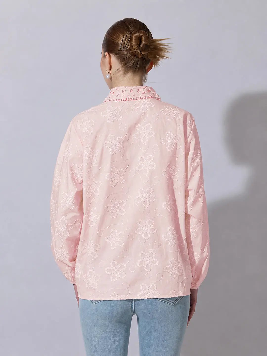 Women's Pink Floral Embroidered  Shirt