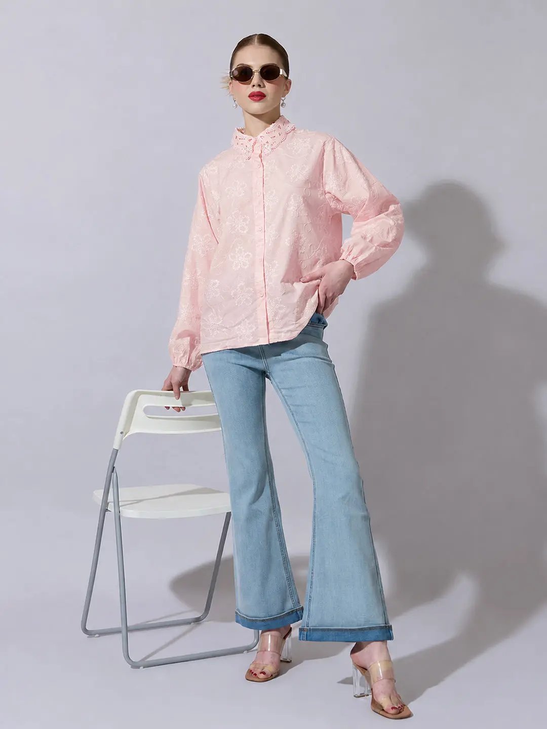 Women's Pink Floral Embroidered  Shirt