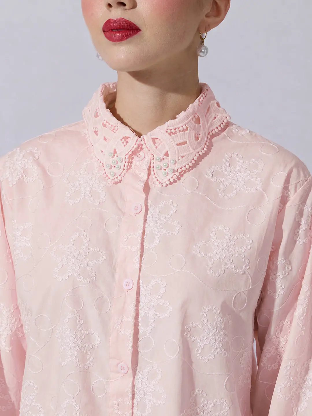 Women's Pink Floral Embroidered  Shirt