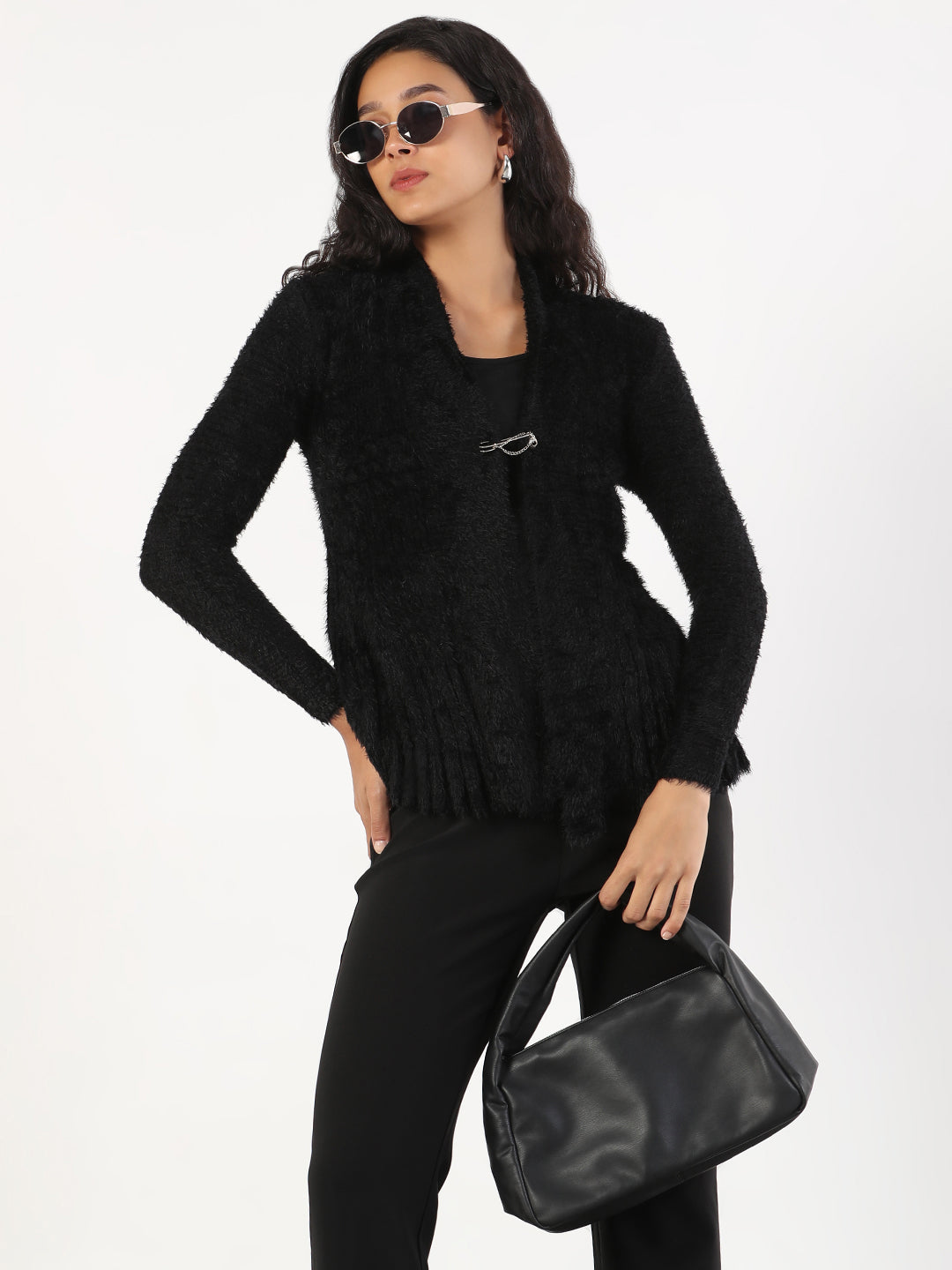 Women Black Solid Shrug with Broach