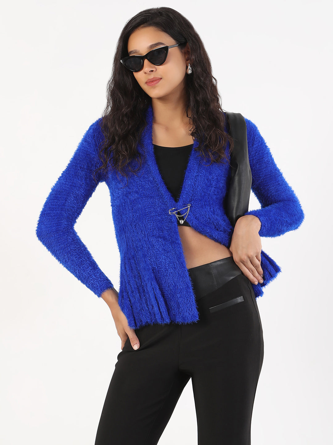 Women Blue Solid Shrug with Broach