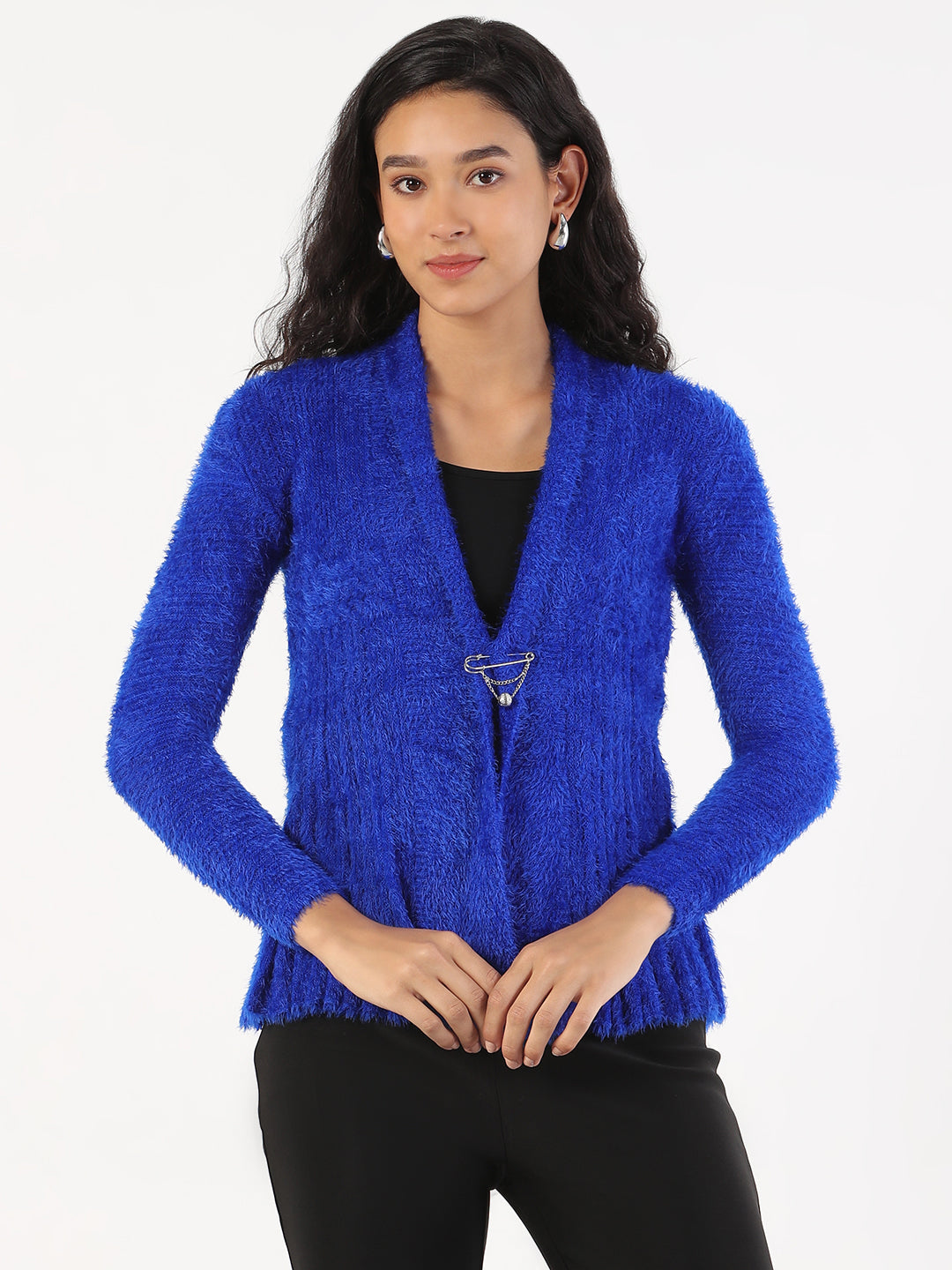 Women Blue Solid Shrug with Broach