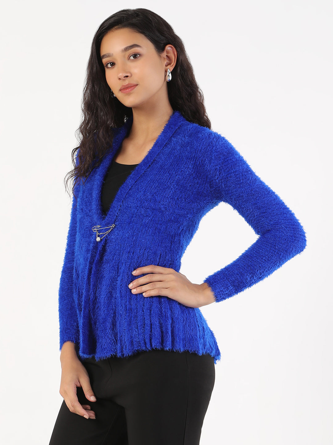 Women Blue Solid Shrug with Broach