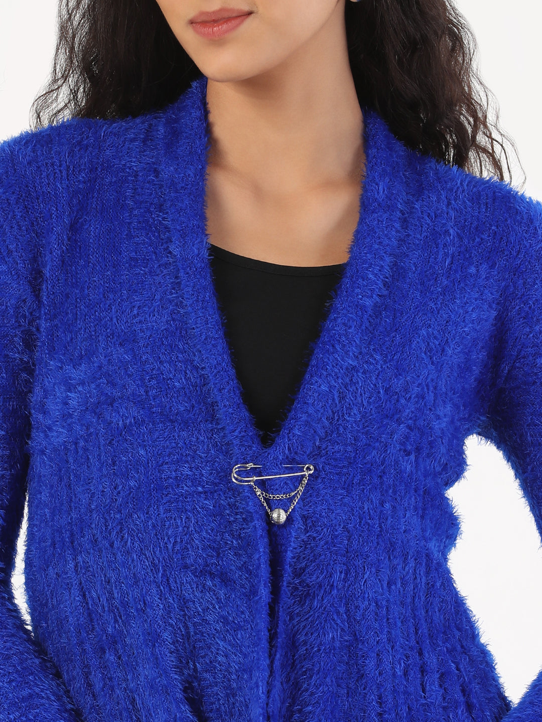 Women Blue Solid Shrug with Broach