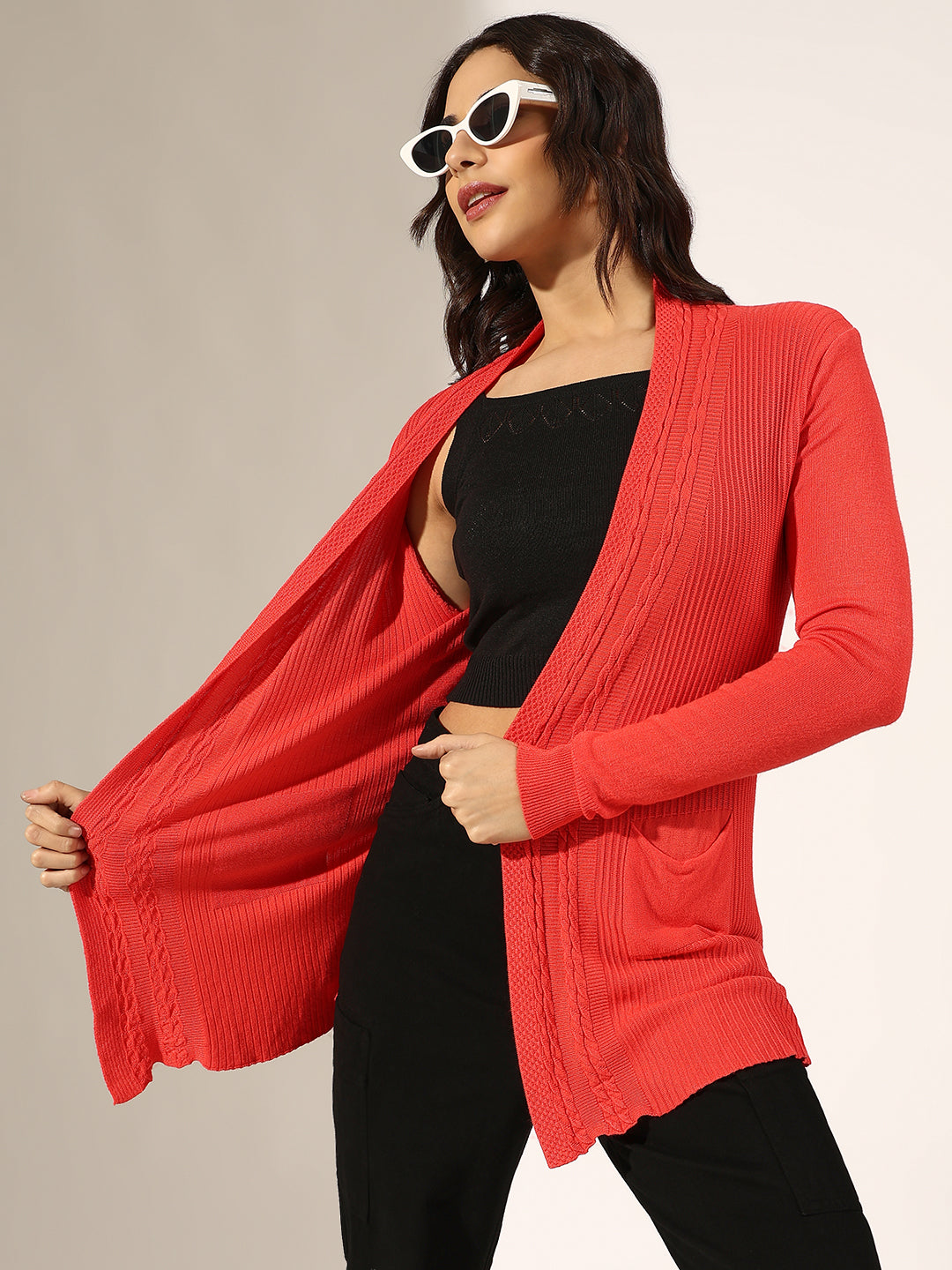 Women's Cable Knit Coral Open Front Shrug with Pockets