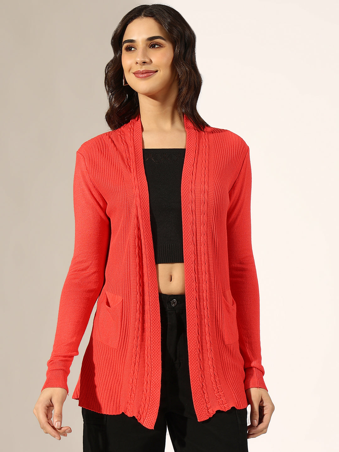 Women's Cable Knit Coral Open Front Shrug with Pockets