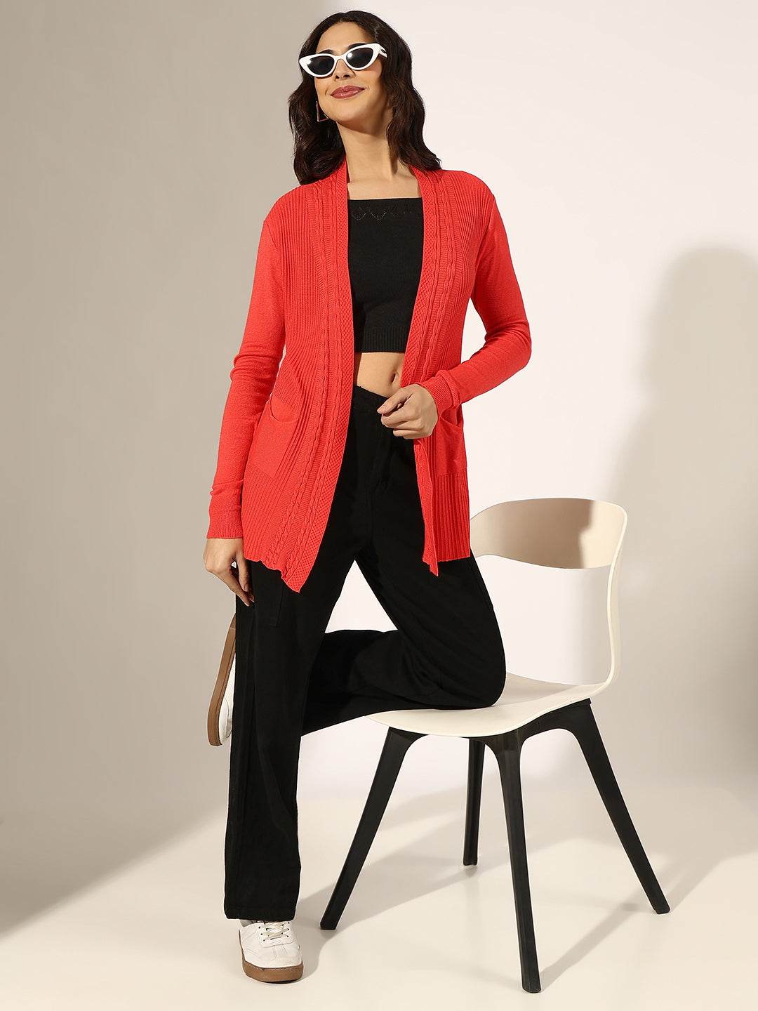 Women's Cable Knit Coral Open Front Shrug with Pockets
