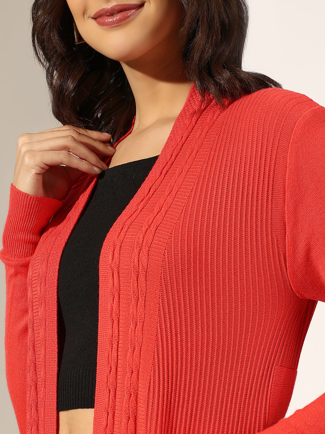 Women's Cable Knit Coral Open Front Shrug with Pockets