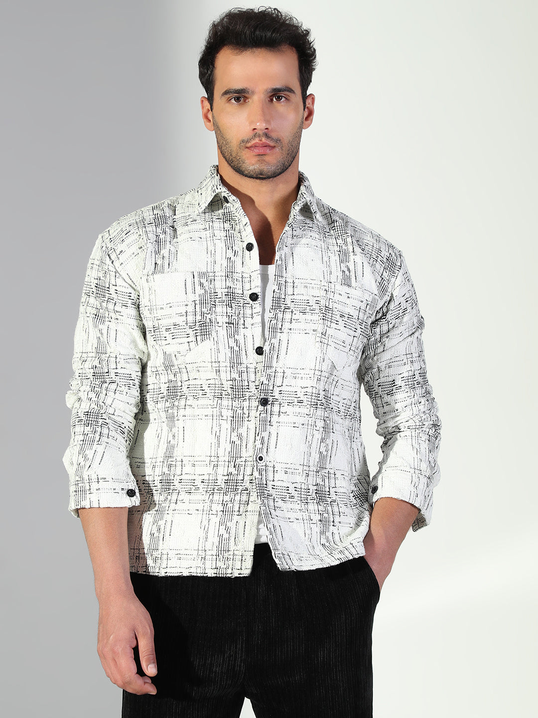 Men Geometric White Shacket