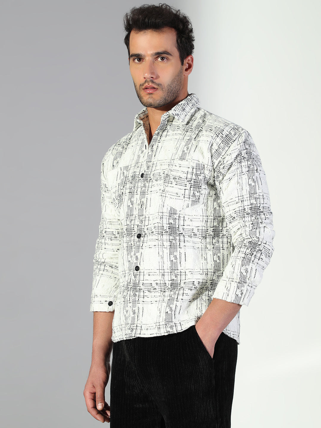 Men Geometric White Shacket