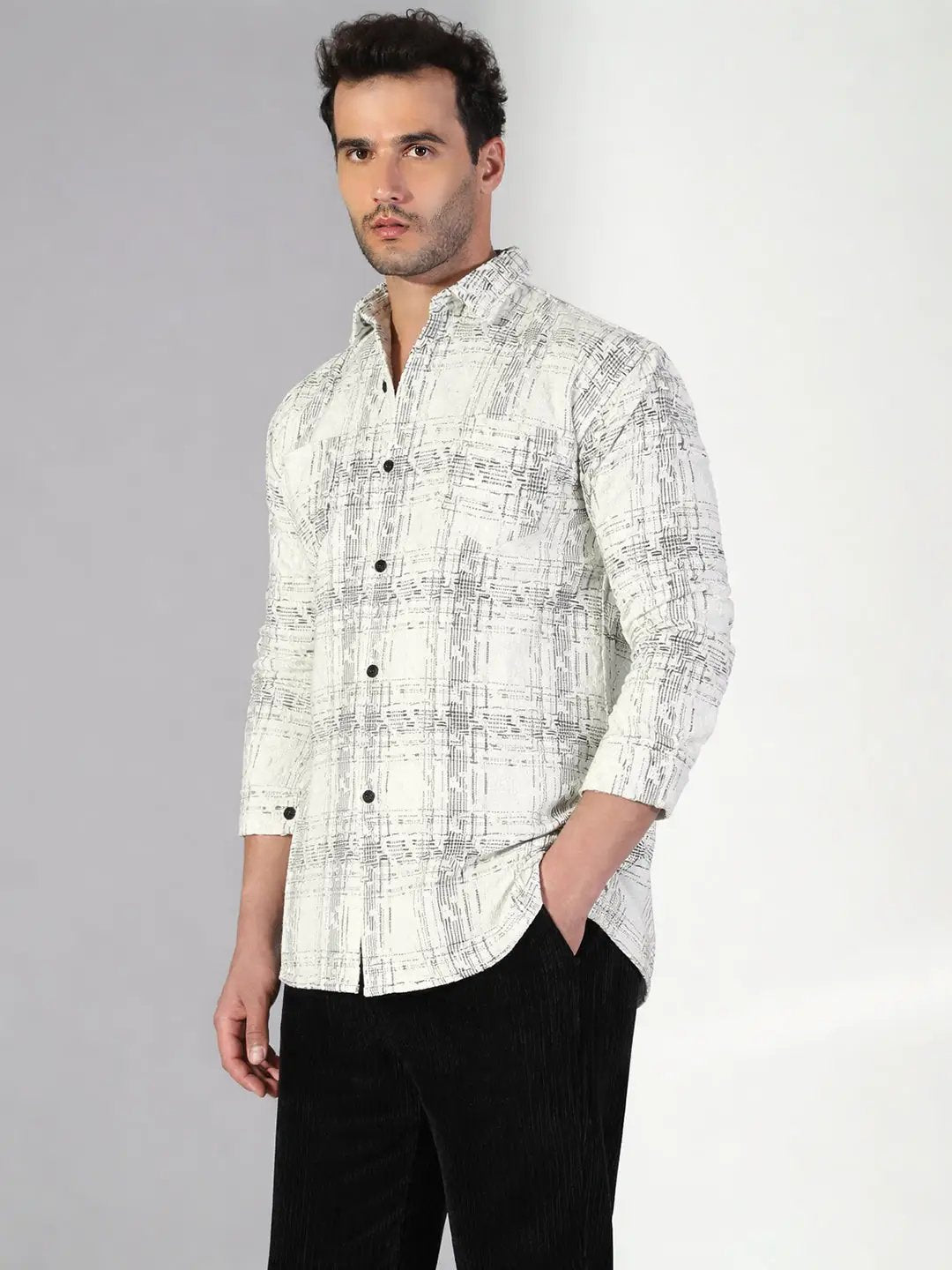 Men's Abstract Checked White Shacket - Uncategorized from SHOWOFFFF