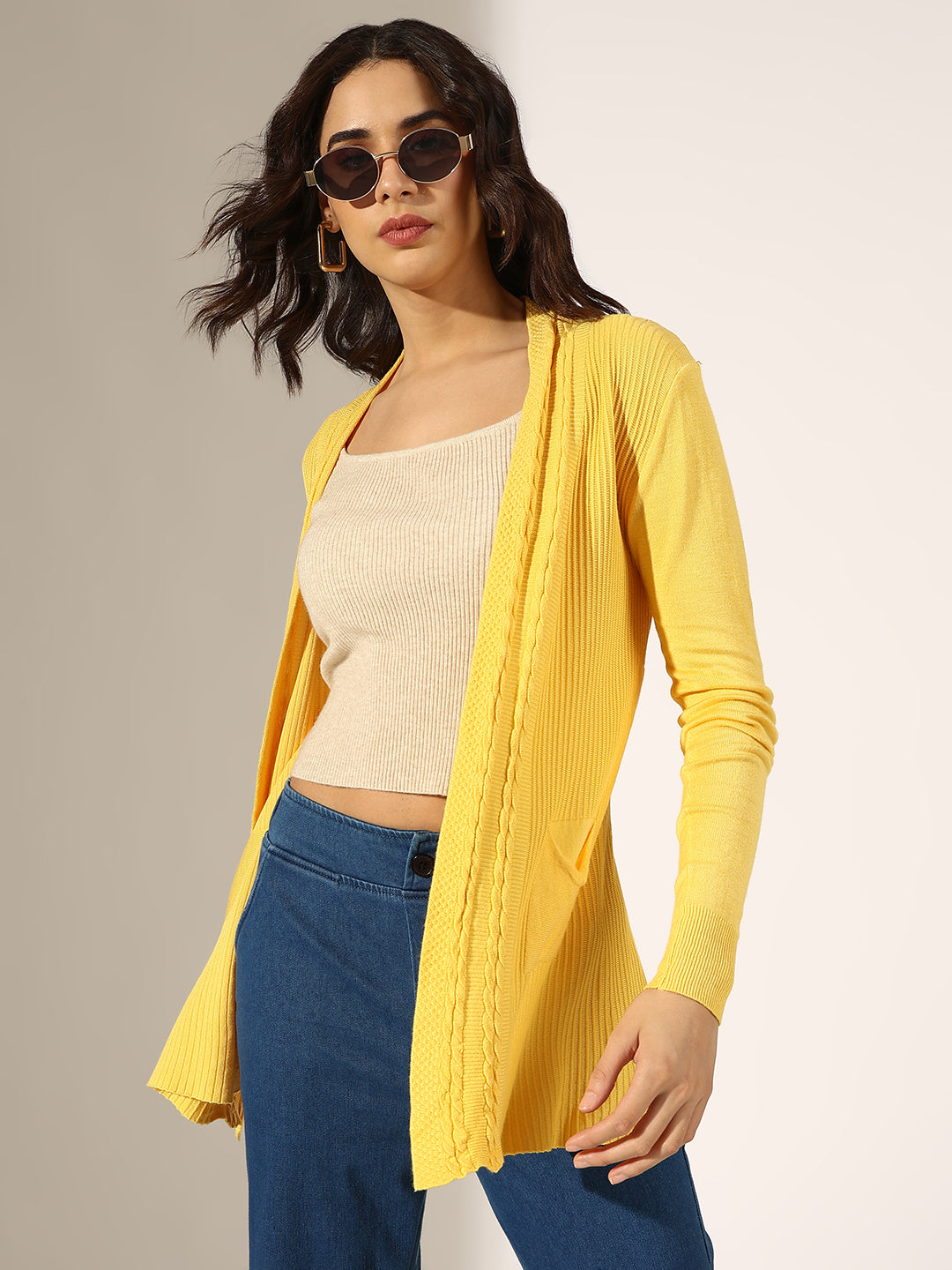 Women's Cable Knit Yellow Open Front Shrug with Pockets