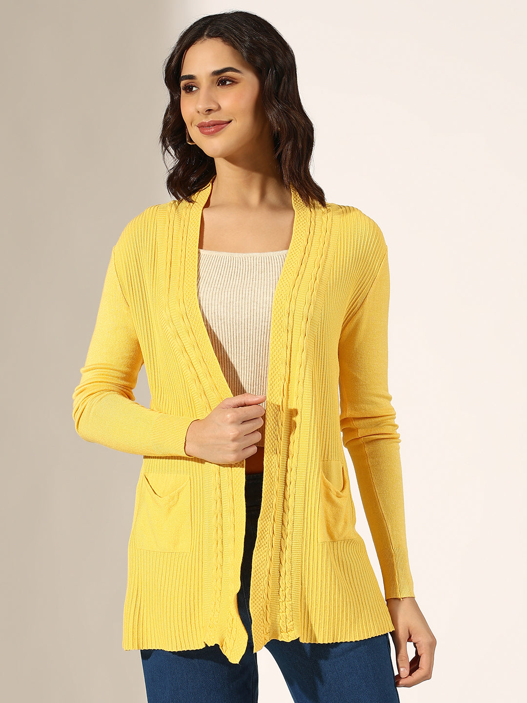 Women's Cable Knit Yellow Open Front Shrug with Pockets