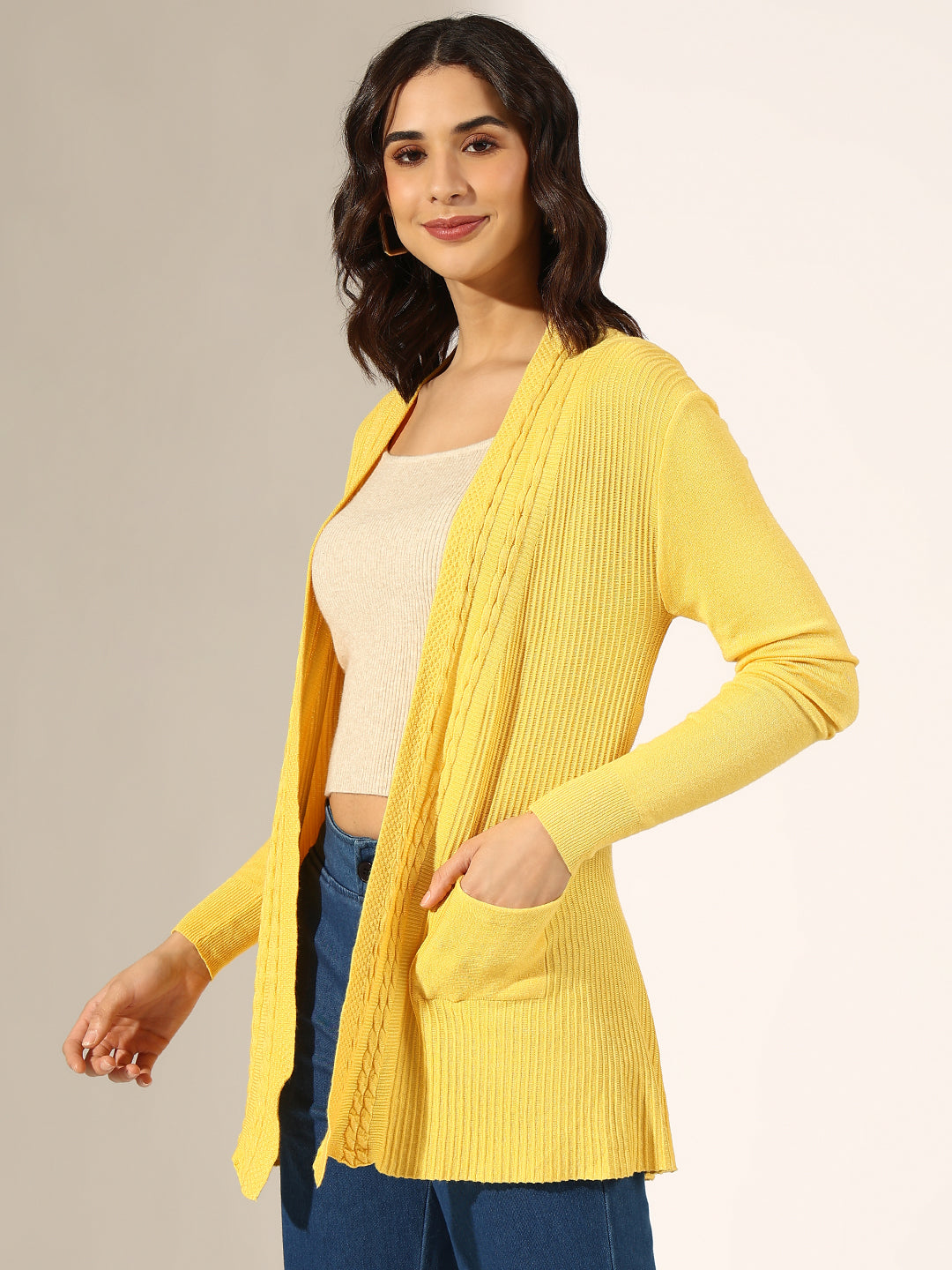 Women's Cable Knit Yellow Open Front Shrug with Pockets
