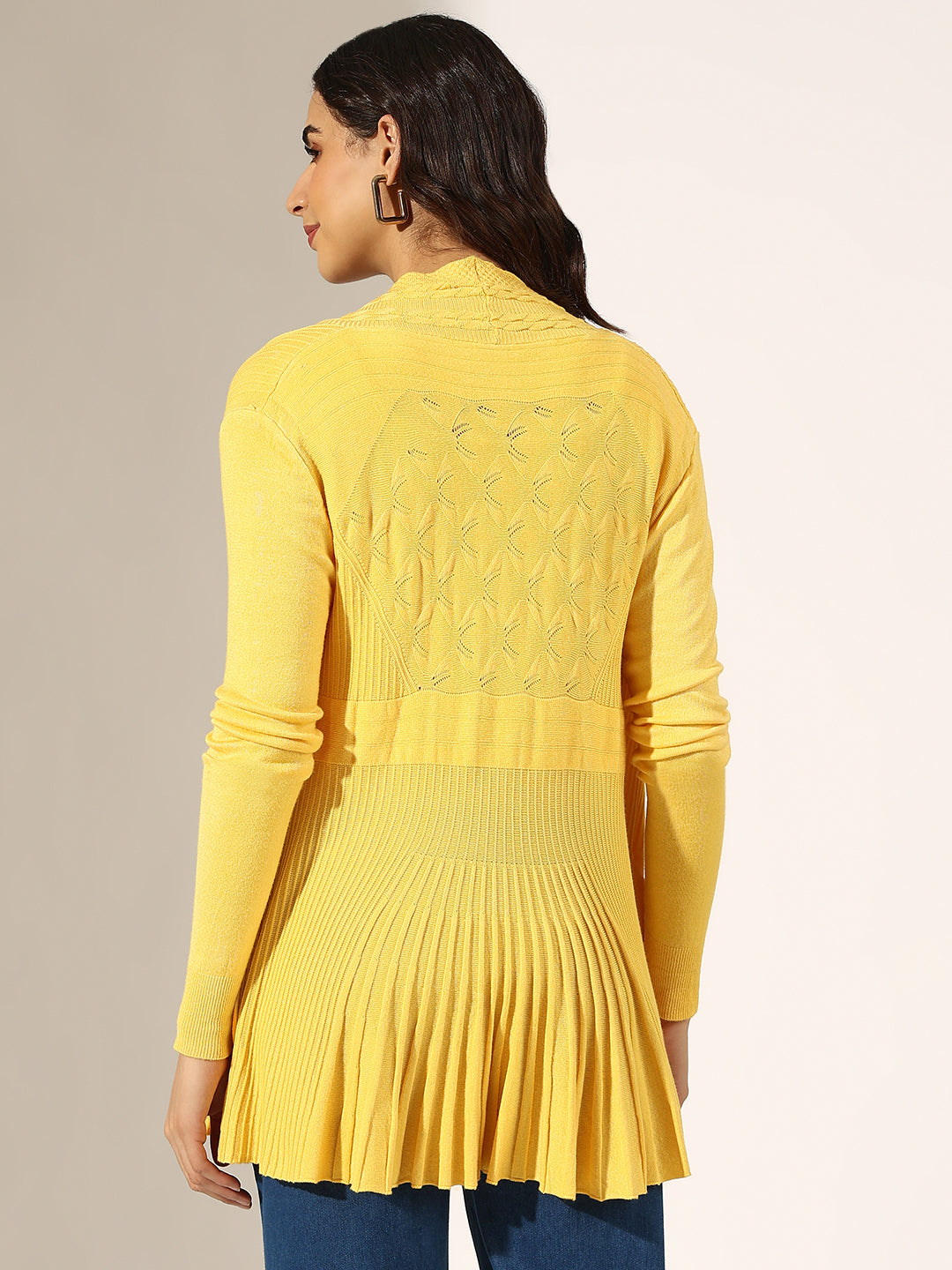 Women's Cable Knit Yellow Open Front Shrug with Pockets