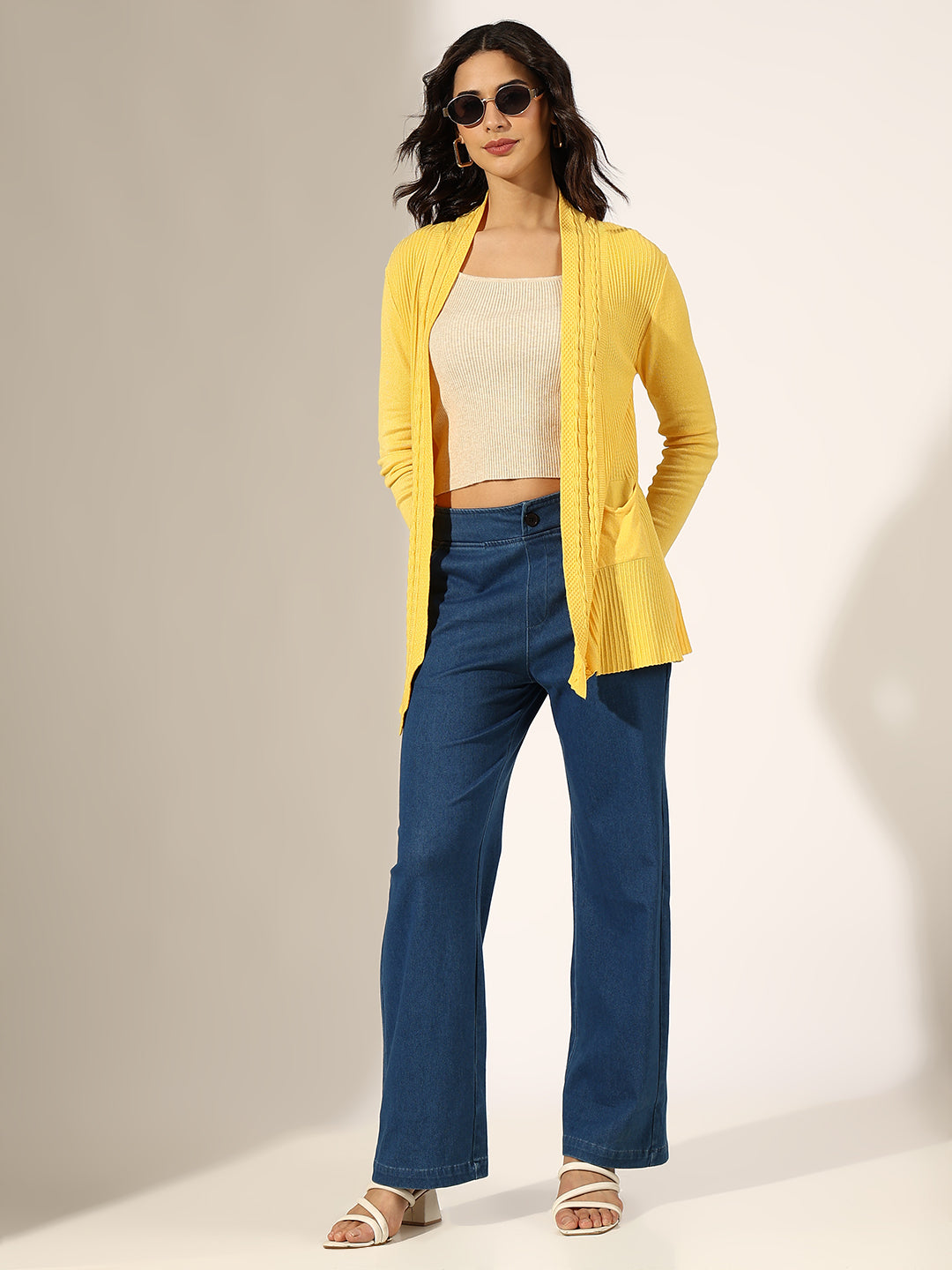 Women's Cable Knit Yellow Open Front Shrug with Pockets