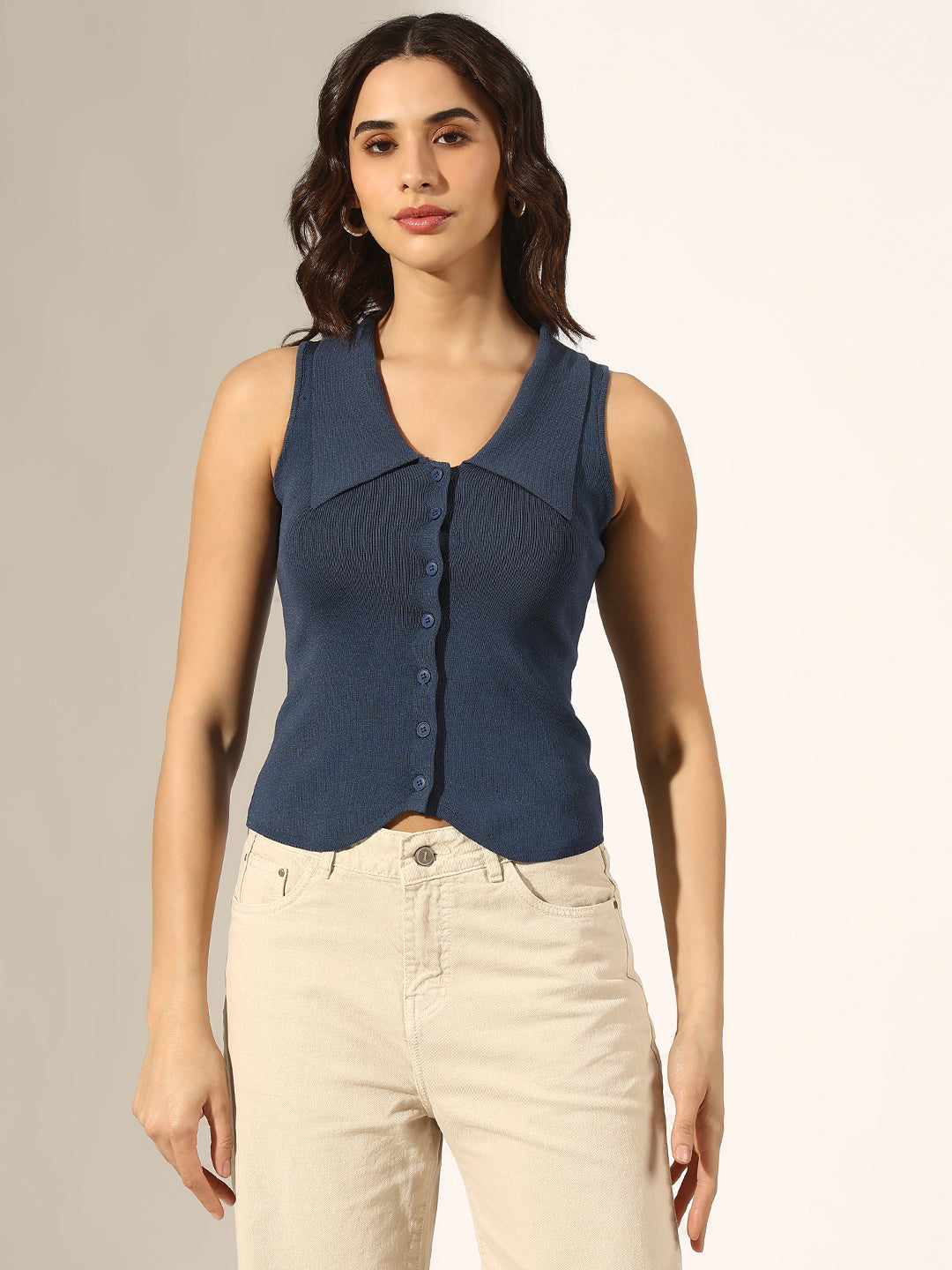 Women's Ribbed Blue Sleeveless Button-Down Top with Collar