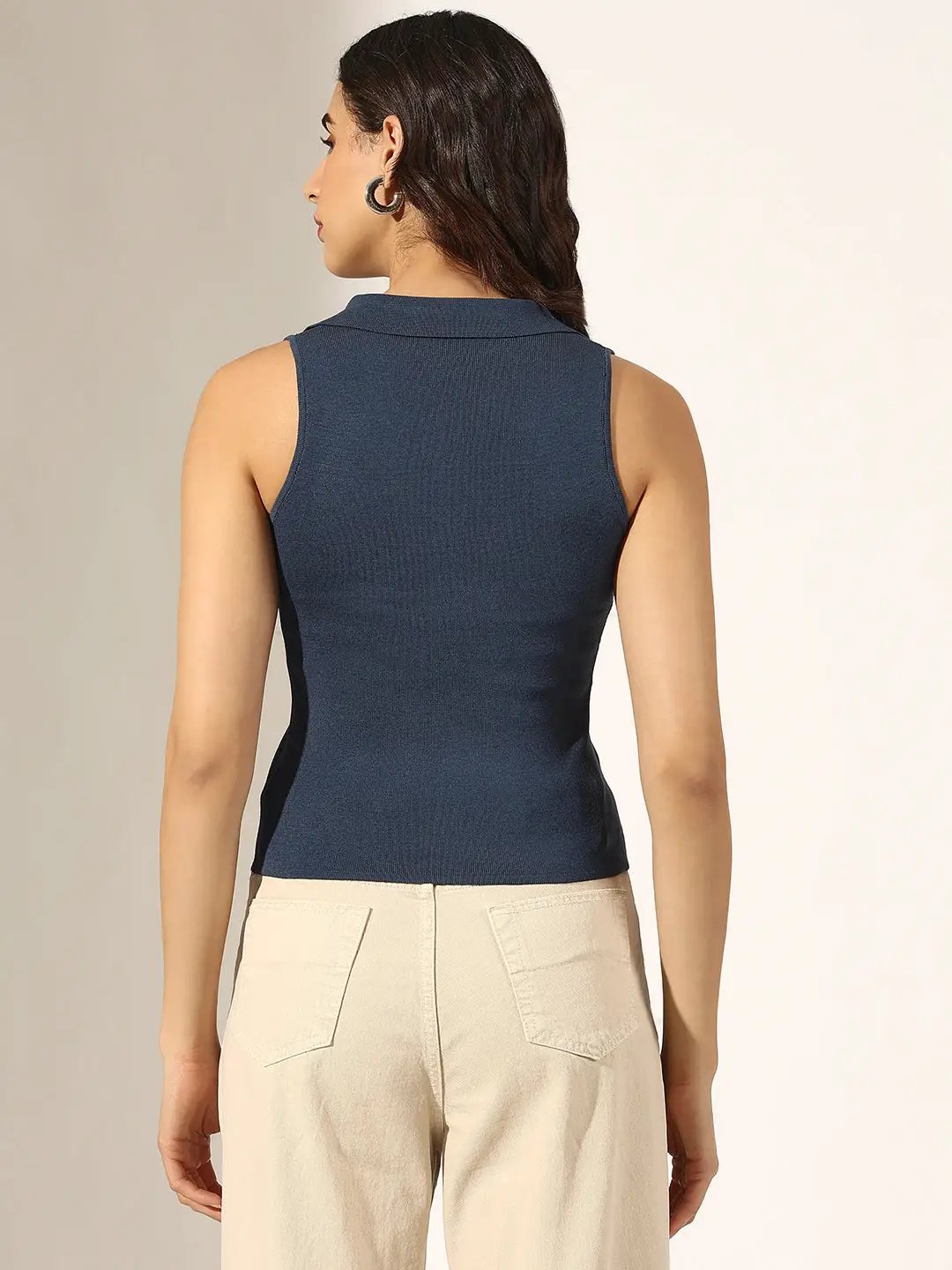 Women's Ribbed Blue Sleeveless Button-Down Top with Collar - from SHOWOFFFF
