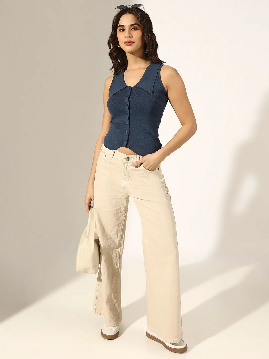 Women's Ribbed Blue Sleeveless Button-Down Top with Collar - from SHOWOFFFF