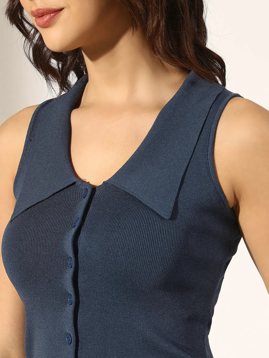Women's Ribbed Blue Sleeveless Button-Down Top with Collar - from SHOWOFFFF