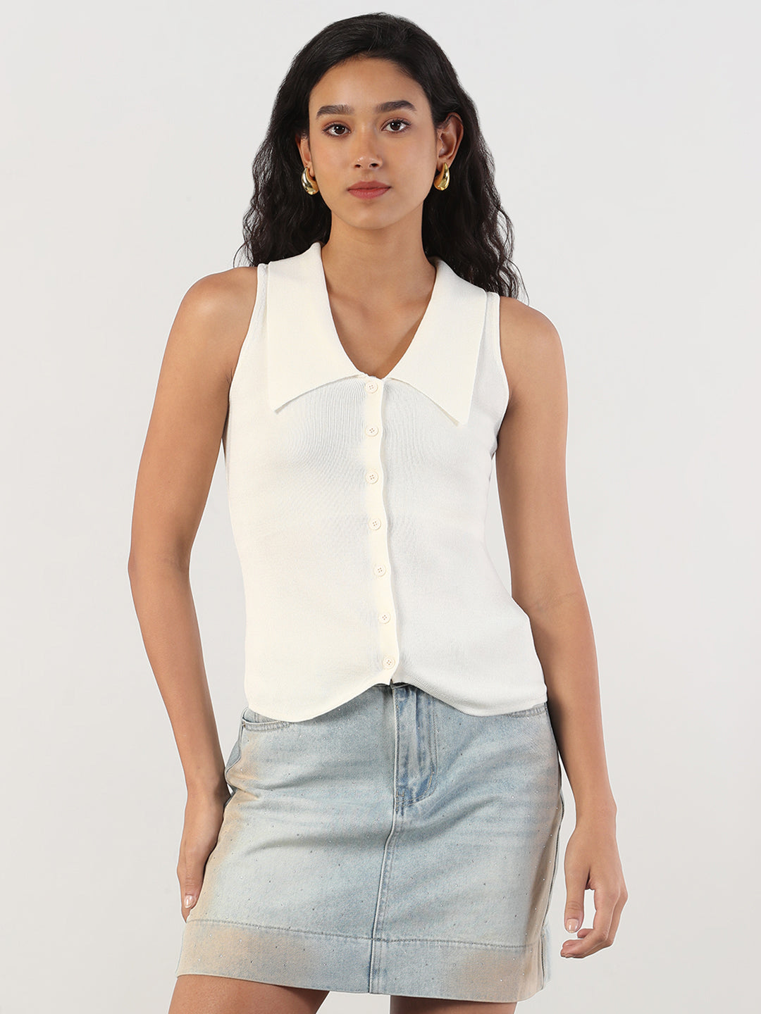 Women Solid Shirt Collar Cream Sleeveless Fitted Top