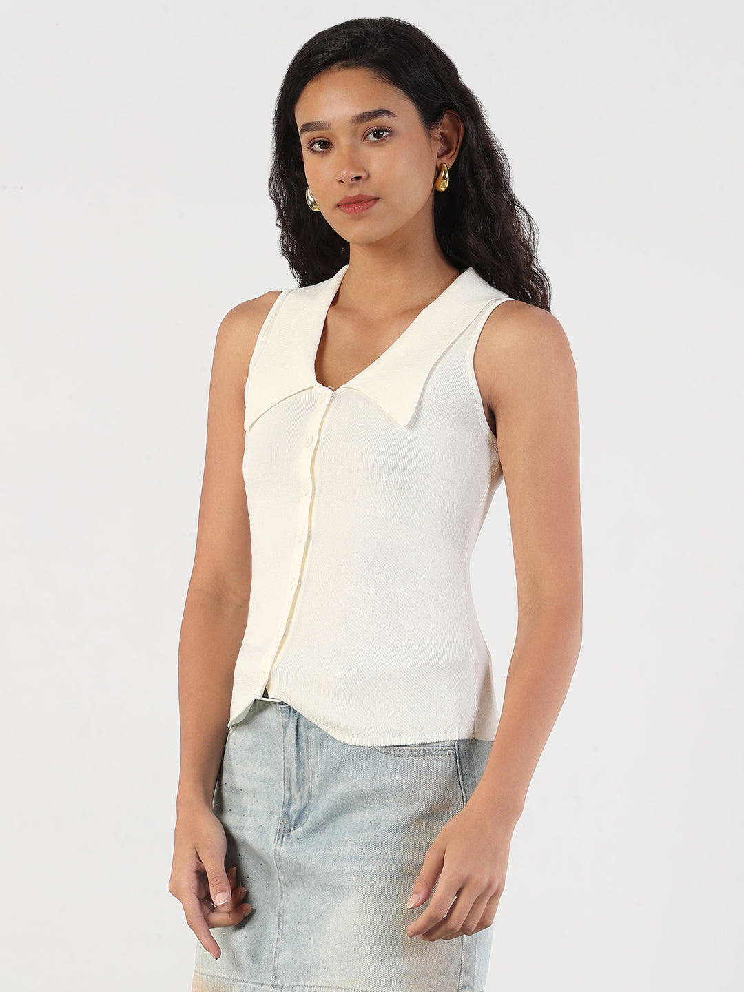 Women Solid Shirt Collar Cream Sleeveless Fitted Top