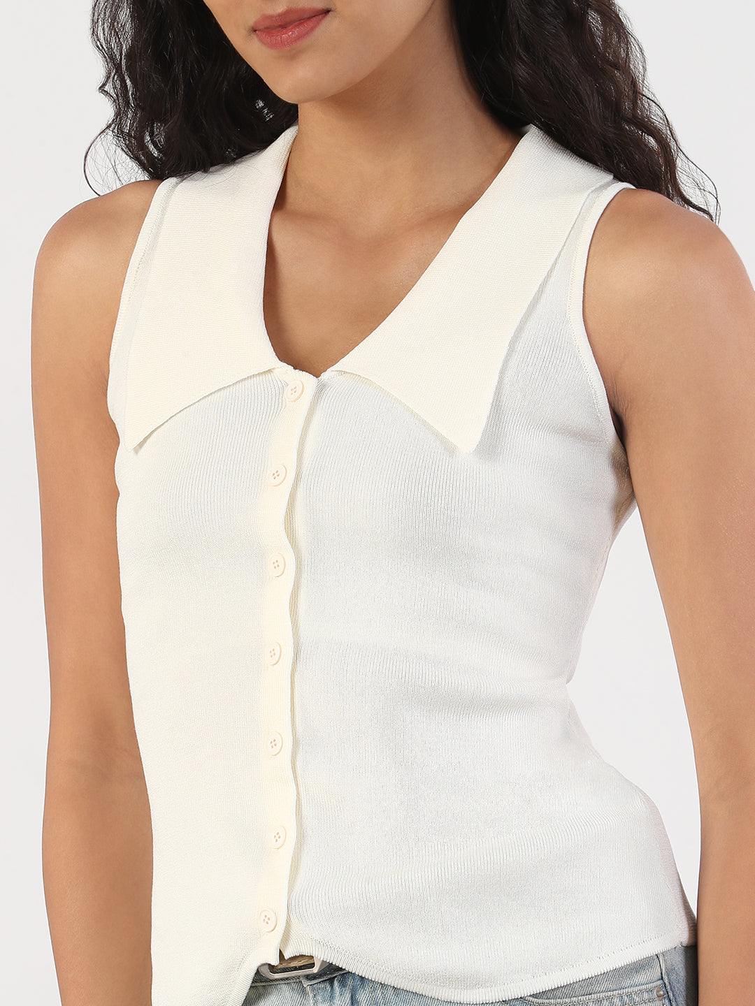 Women Solid Shirt Collar Cream Sleeveless Fitted Top