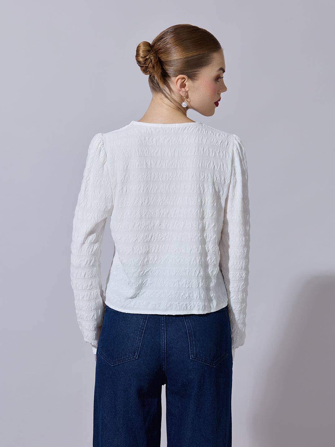 Women's White Textured Top with Pearl Buttons