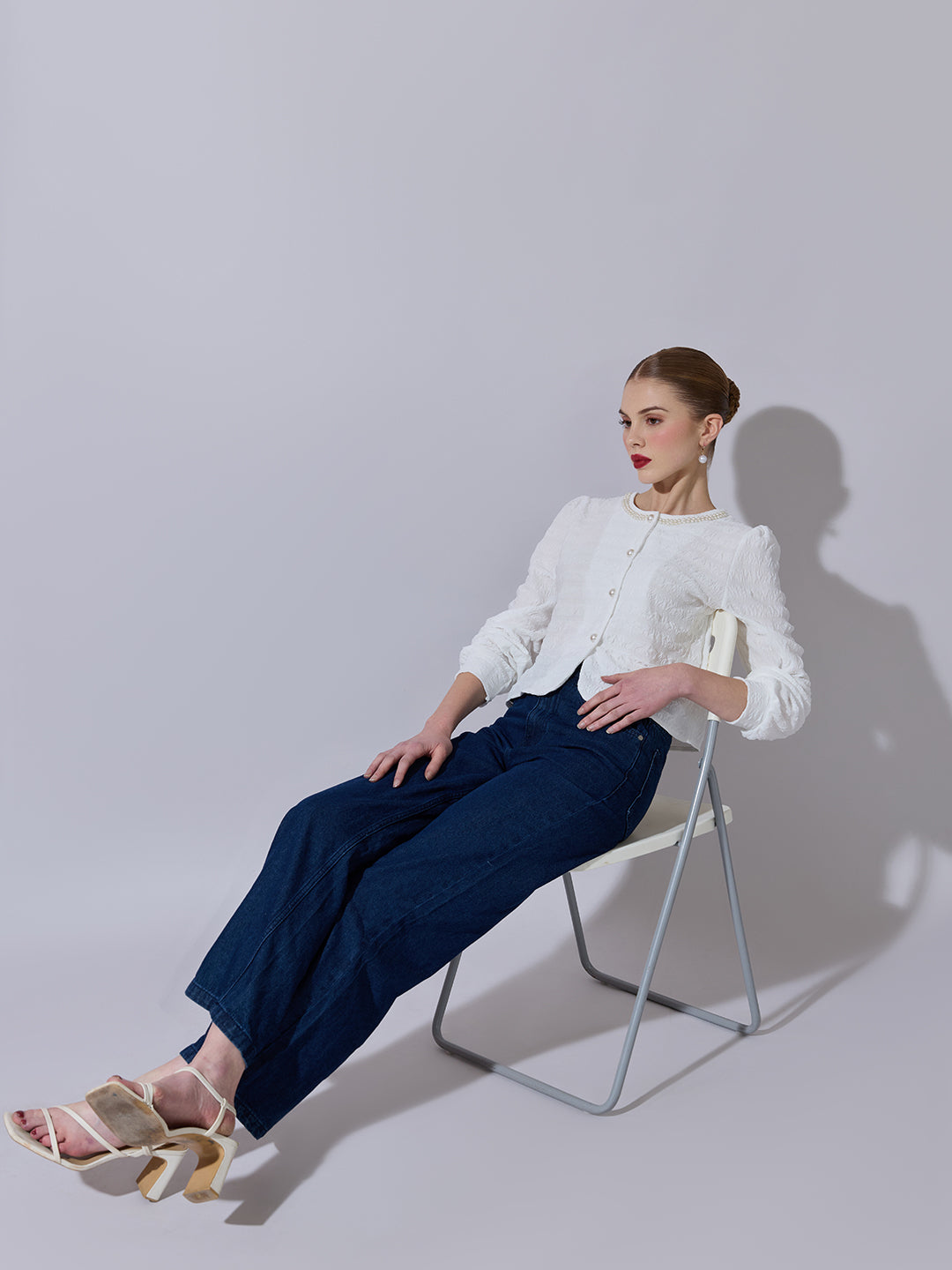 Women's White Textured Top with Pearl Buttons