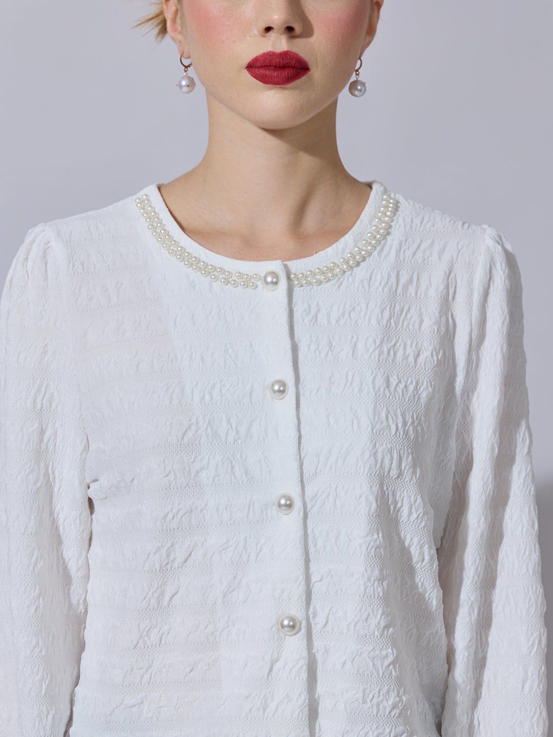 Women's White Textured Top with Pearl Buttons